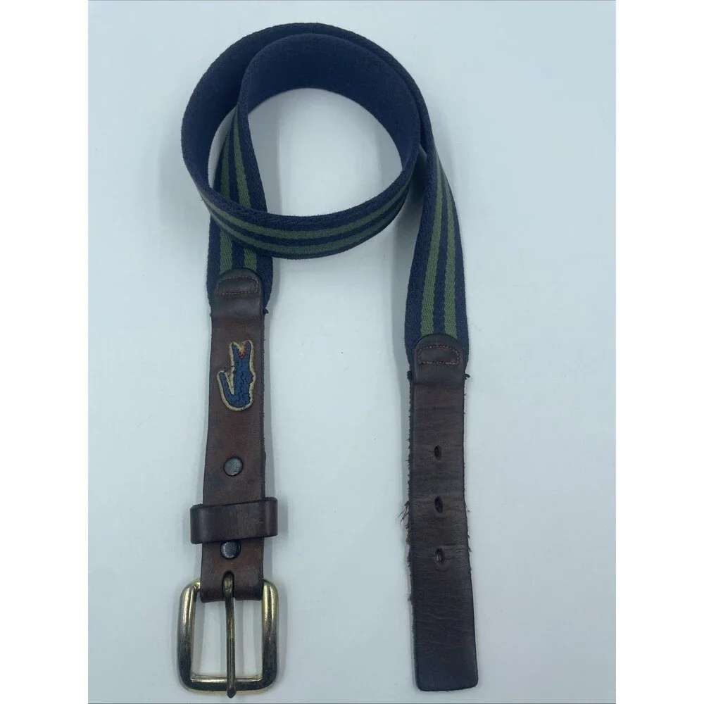 VINTAGE 1980s Lacoste Belt Men Size 34 Navy/ Green Striped Preppy Y2K Golf